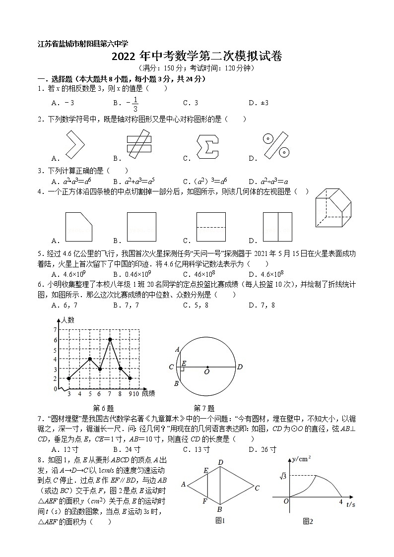 江苏省盐城市射阳县第六中学2022年中考数学第二次模拟试卷01