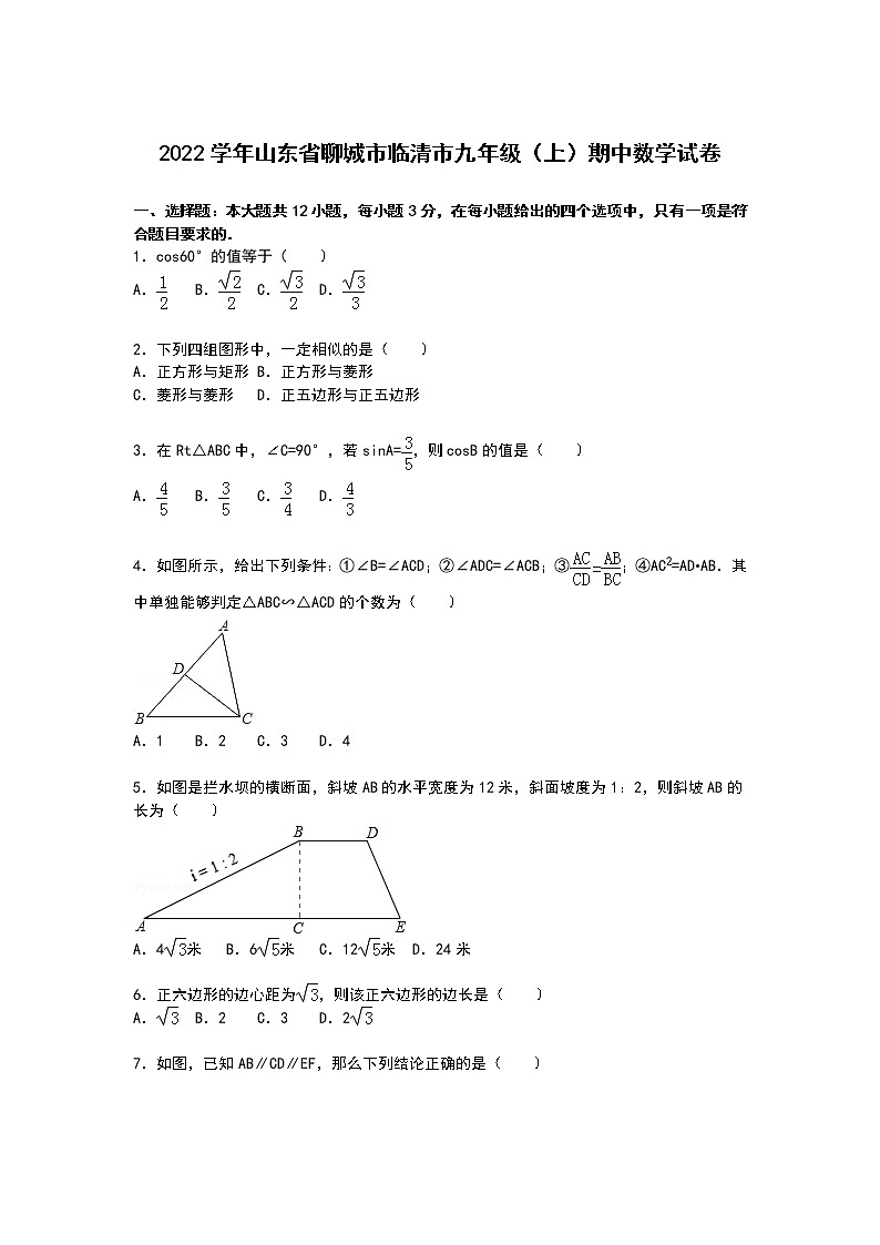 【解析版】聊城市临清市2022年九年级上期中数学试卷01