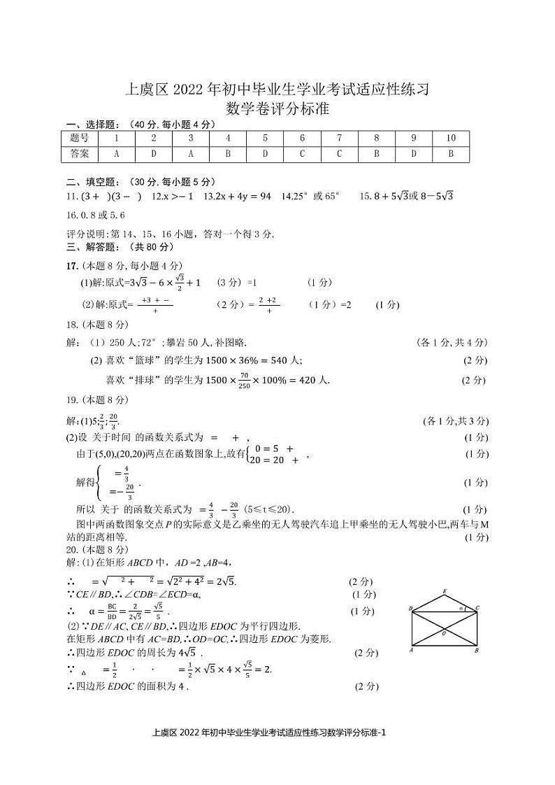 2022年浙江省绍兴市上虞区初三一模数学卷及答案（文字版）01