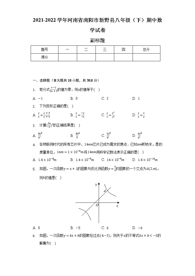 2021-2022学年河南省南阳市新野县八年级（下）期中数学试卷（含解析）第1页