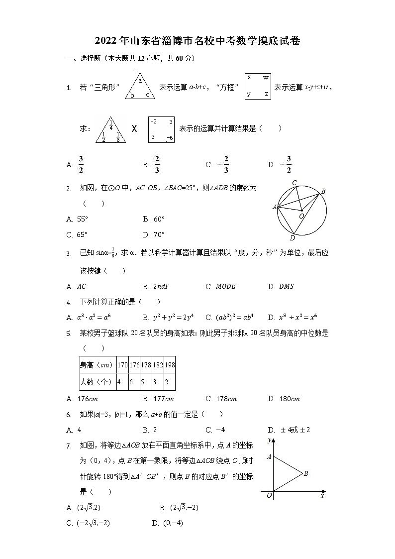 2022年山东省淄博市名校中考数学摸底试卷(word版含答案)第1页