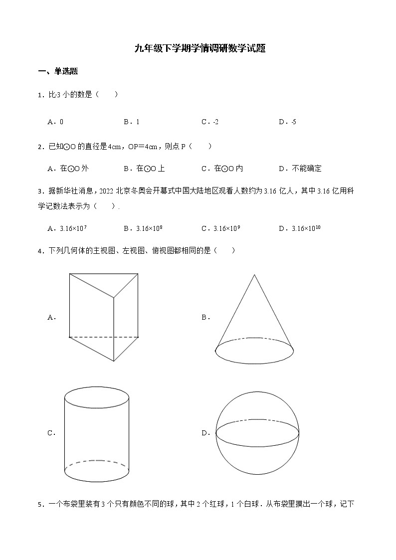 2022年安徽省怀宁县九年级下学期学情调研数学试题（附答案）第1页