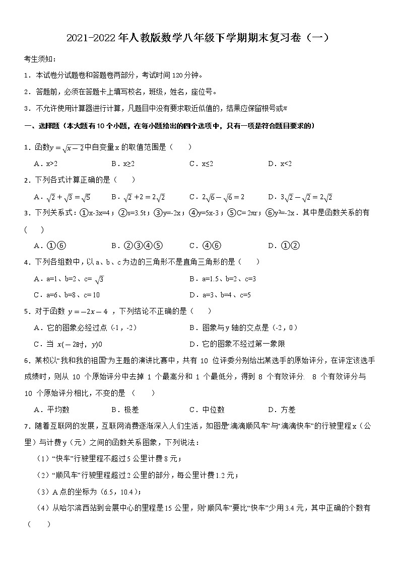 2021-2022年人教版数学八年级下学期期末复习卷（一）第1页