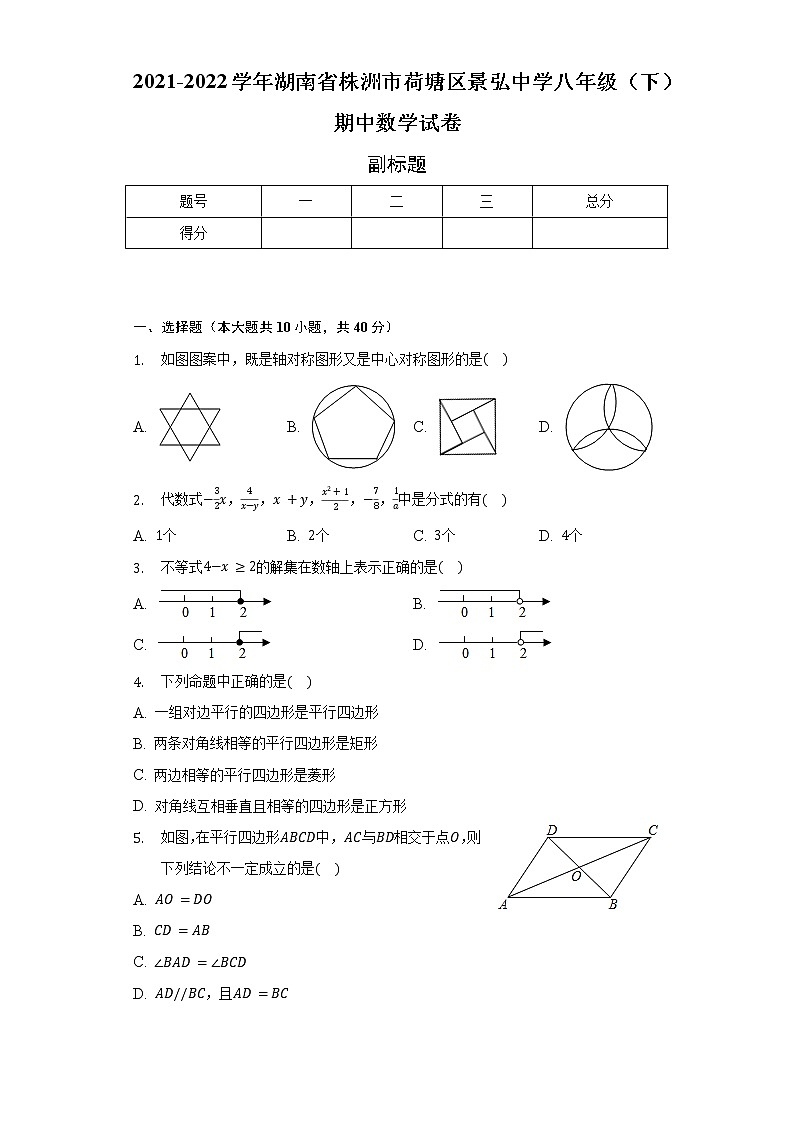 2021-2022学年湖南省株洲市荷塘区景弘中学八年级（下）期中数学试卷-（含解析）01