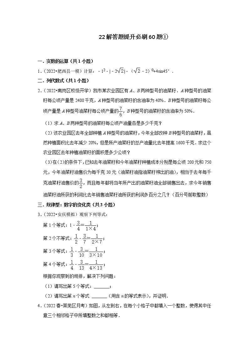 安徽省九年级2022中考数学冲刺复习-22解答题提升必刷60题①第1页