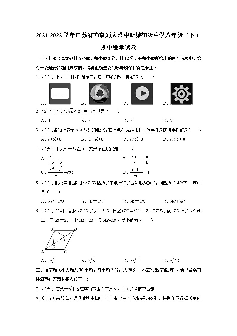 2021-2022学年江苏省南京师大附中新城初级中学八年级（下）期中数学试卷01