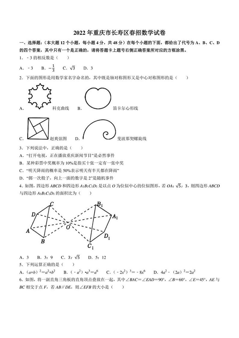 2022年重庆市长寿区重点中学指标到校招生考试 数学 试题（含答案）第1页