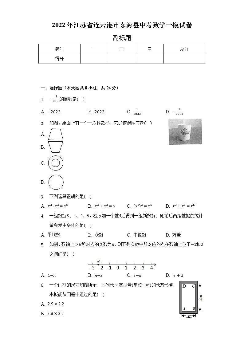 2022年江苏省连云港市东海县中考数学一模试卷（含解析）第1页