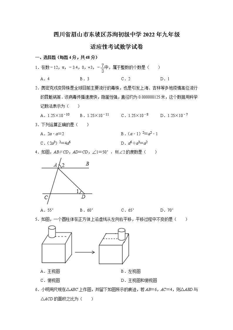四川省 眉山市东坡区苏洵初级中学2022年九年级适应性考试数学试卷(word版无答案)01
