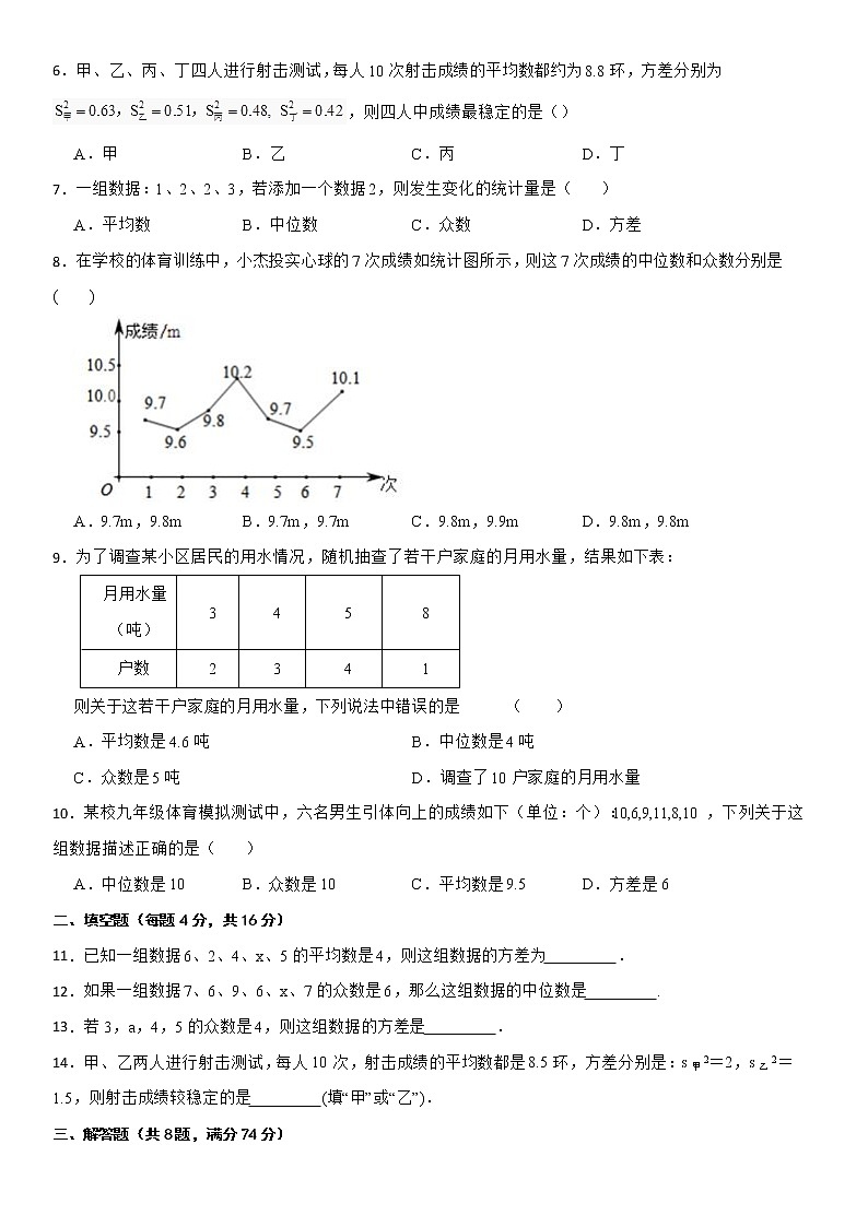 2021-2022学年人教版八年级下学期数学单元复习卷第20章数据的分析第2页