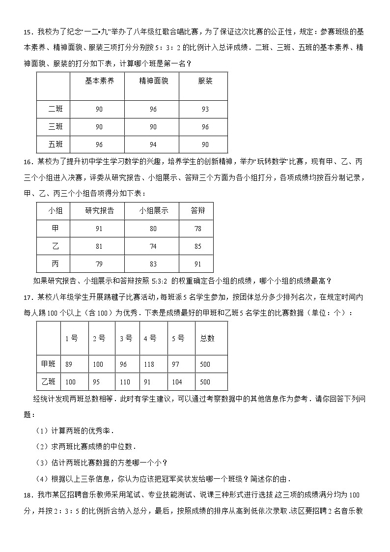 2021-2022学年人教版八年级下学期数学单元复习卷第20章数据的分析第3页