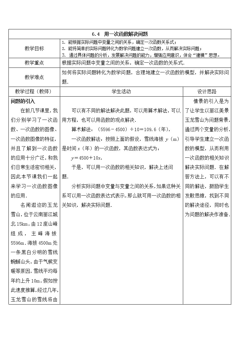 苏科版八年级上册数学 6.4用一次函数解决问题 教案01