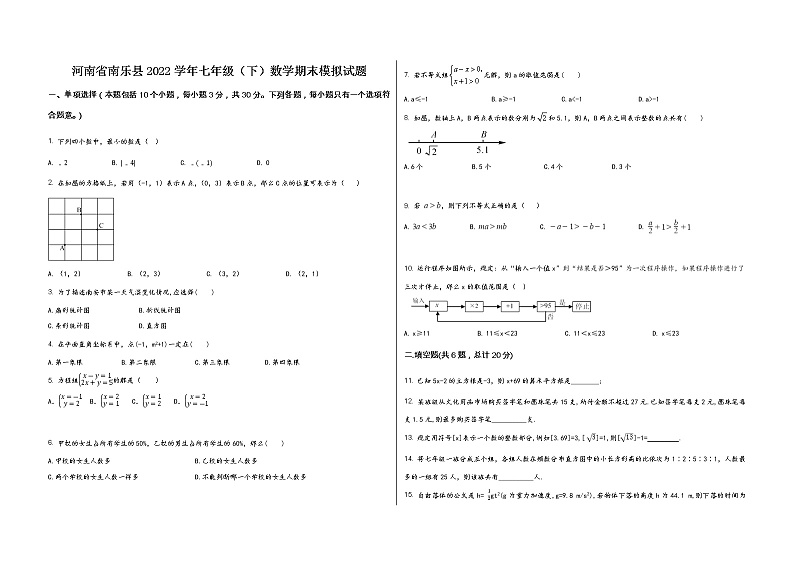 河南省南乐县2022学年七年级（下）数学期末模拟试题第1页