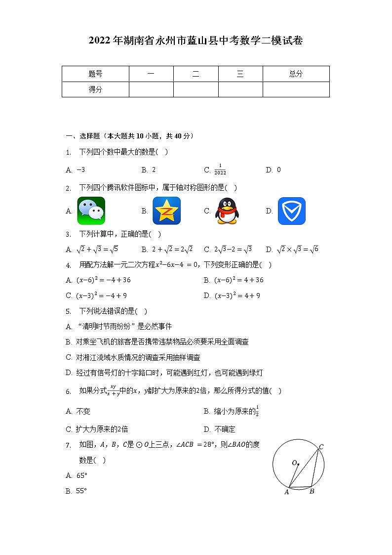 2022年湖南省永州市蓝山县中考数学二模试卷（含解析）第1页
