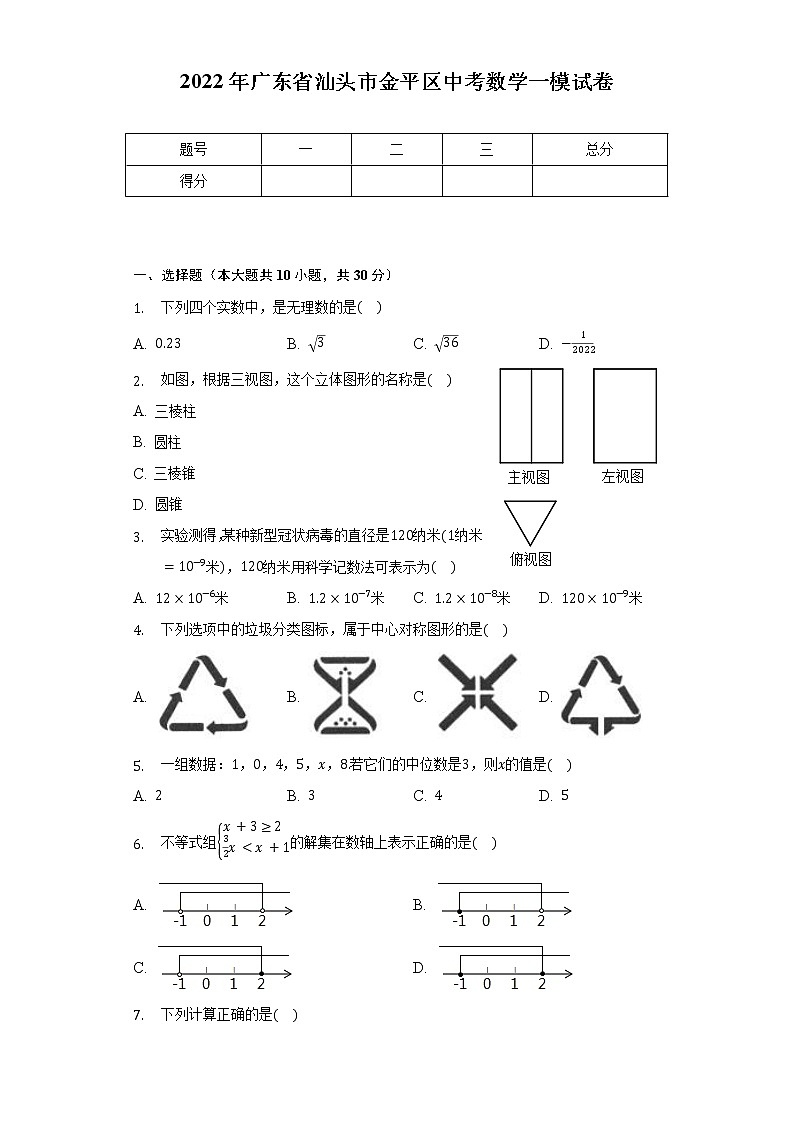 2022年广东省汕头市金平区中考数学一模试卷（含解析）第1页