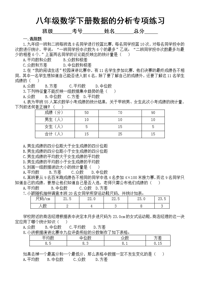 初中数学人教版八年级下册数据的分析期末专项练习（附参考答案）第1页