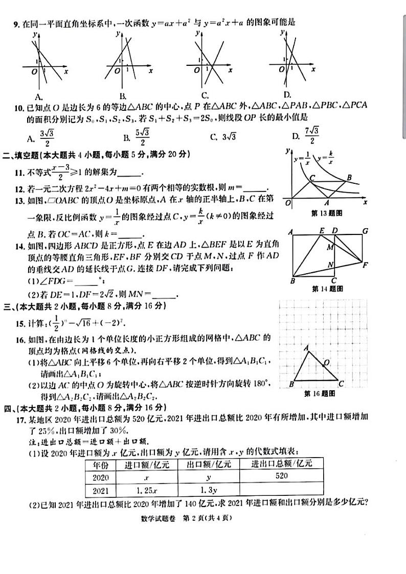 2022年安徽省中考真题数学试卷无答案02