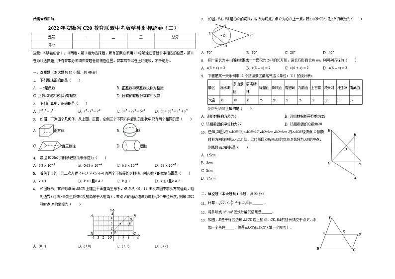 2022年安徽省C20教育联盟中考数学冲刺押题卷（二）(word版含答案)01