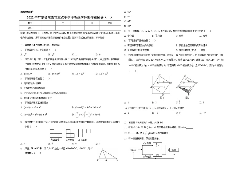 2022年广东省东莞市重点中学中考数学冲刺押题试卷（一）(word版含答案)第1页