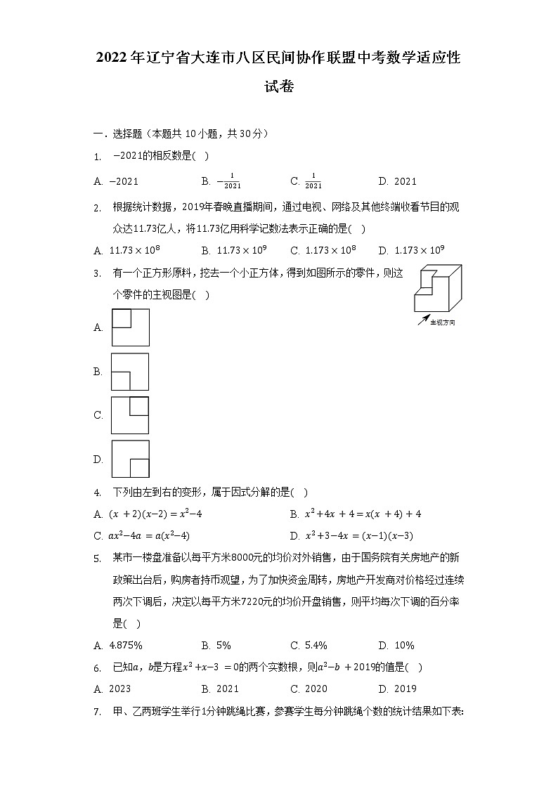 2022年辽宁省大连市八区民间协作联盟中考数学适应性试卷（含解析）01