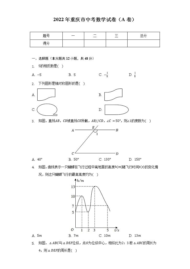 2022年重庆市中考数学试卷（A卷）（含解析）第1页