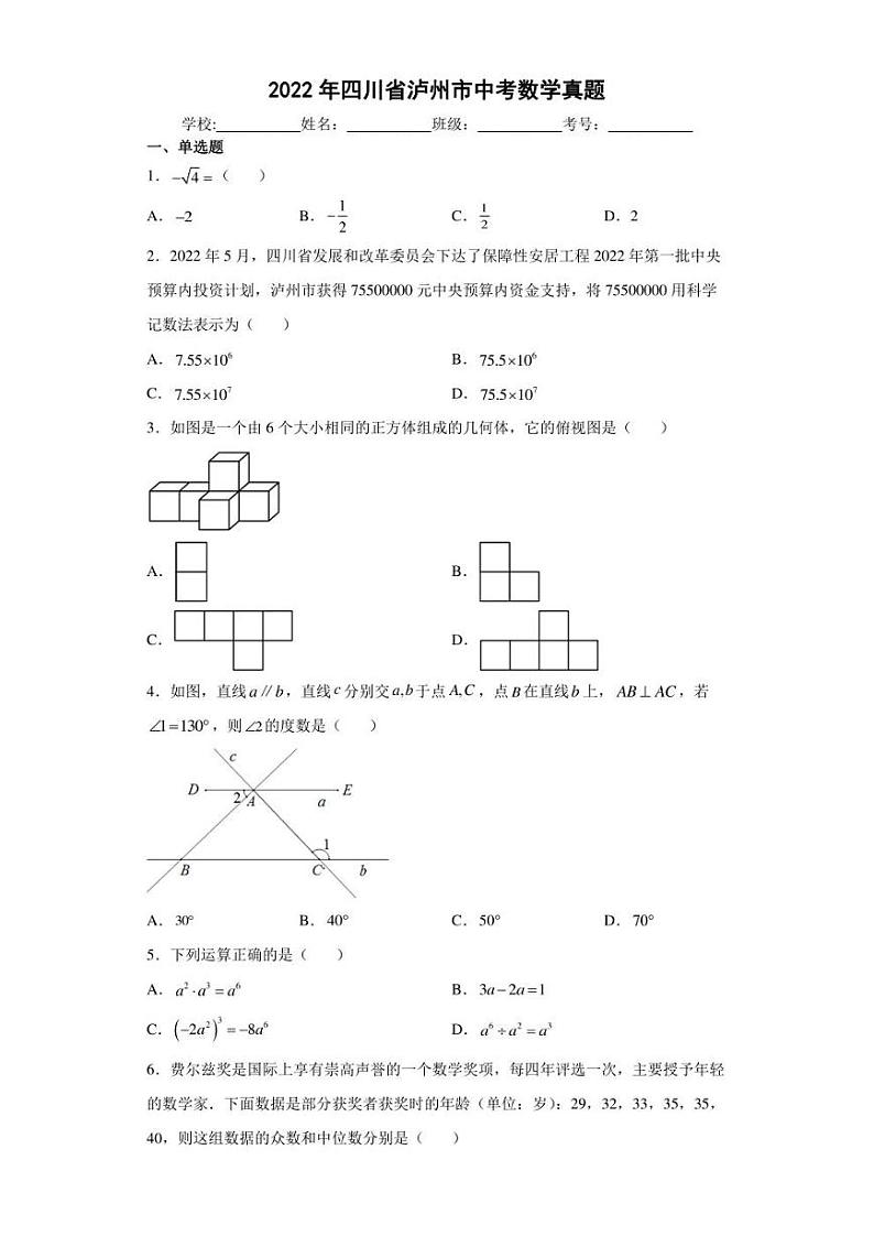 【中考真题】2022年四川省泸州市中考数学试卷（附答案）第1页