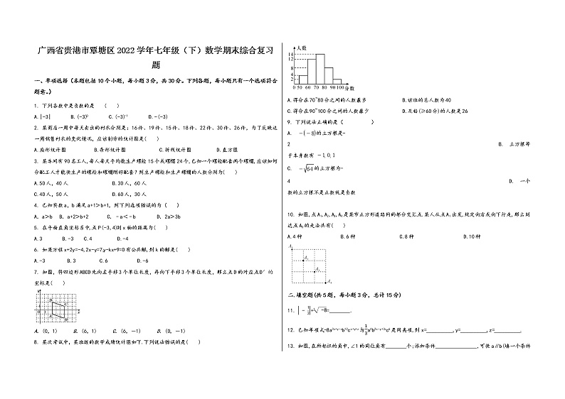 广西省贵港市覃塘区2022学年七年级（下）数学期末综合复习题第1页
