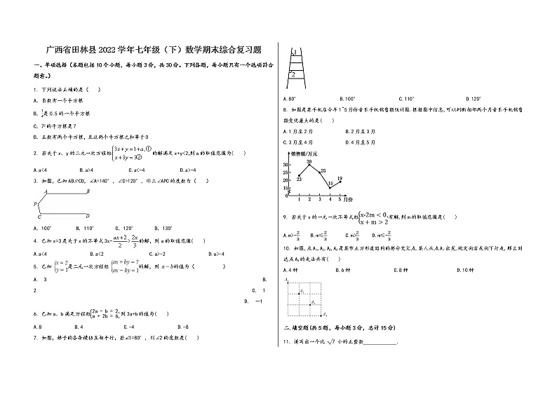 广西省田林县2022学年七年级（下）数学期末综合复习题第1页