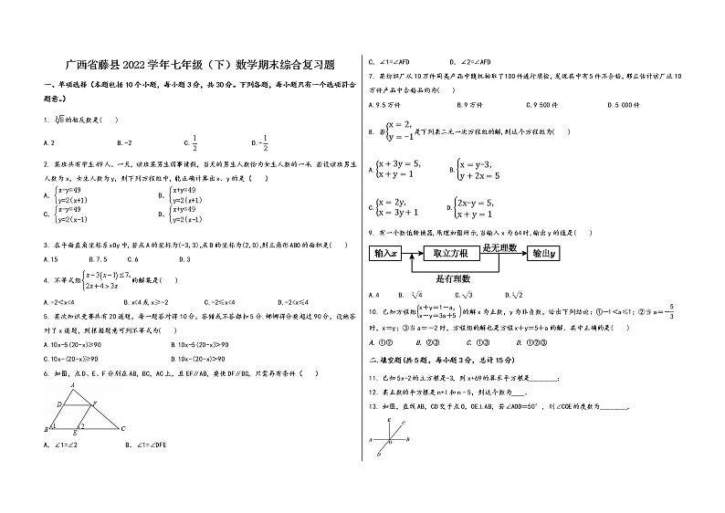 广西省藤县2022学年七年级（下）数学期末综合复习题01