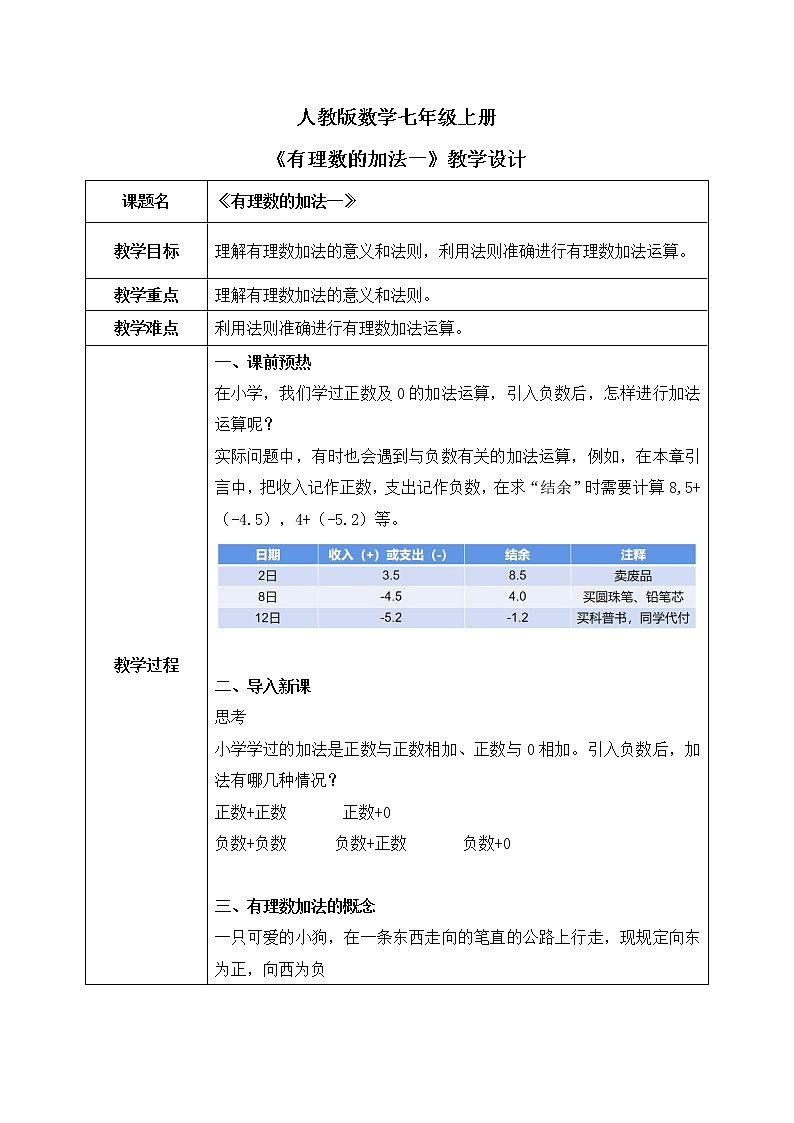 人教版七上数学1.3.1《有理数的加法一》第一课时课件+教案01