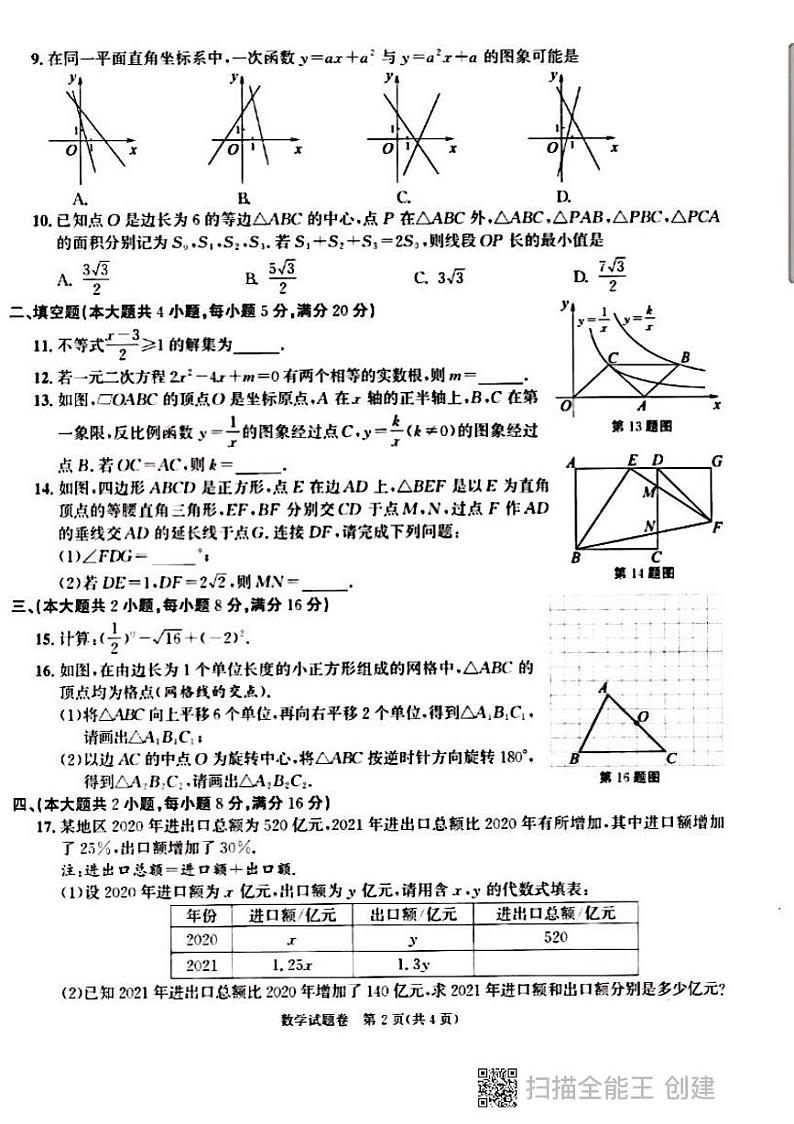 2021-2022年安徽中考数学卷（无答案）第2页
