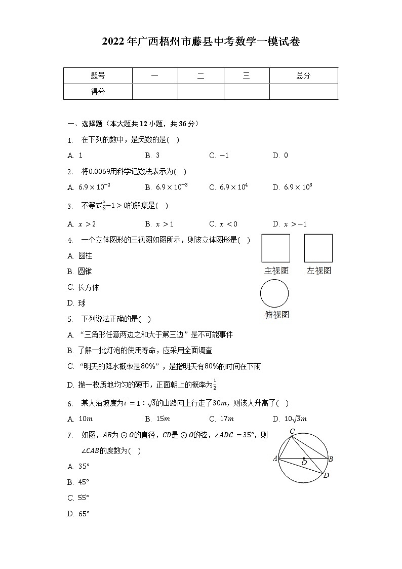 2022年广西梧州市藤县中考数学一模试卷（含解析）01