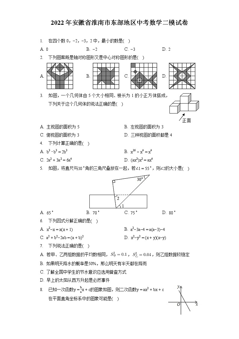 2022年安徽省淮南市东部地区中考数学二模试卷(含答案解析)01