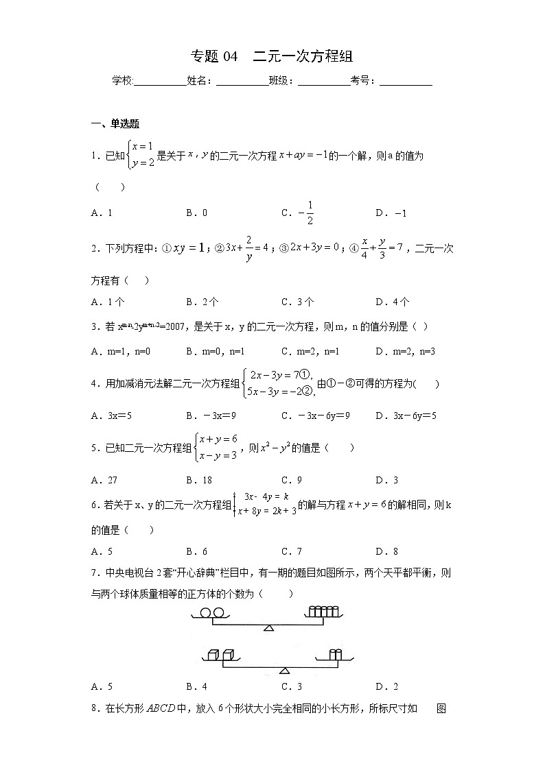 专题04 二元一次方程组（试卷）第1页