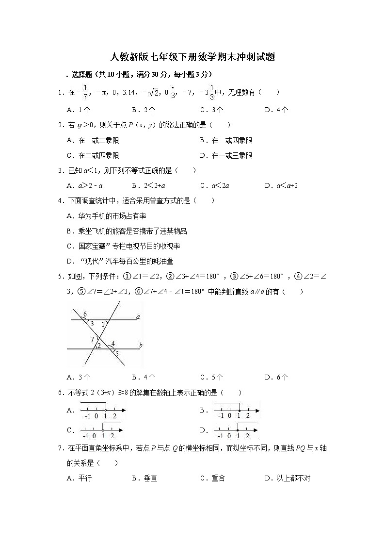 【人教版】七年级下册数学期末冲刺试题（有答案）01