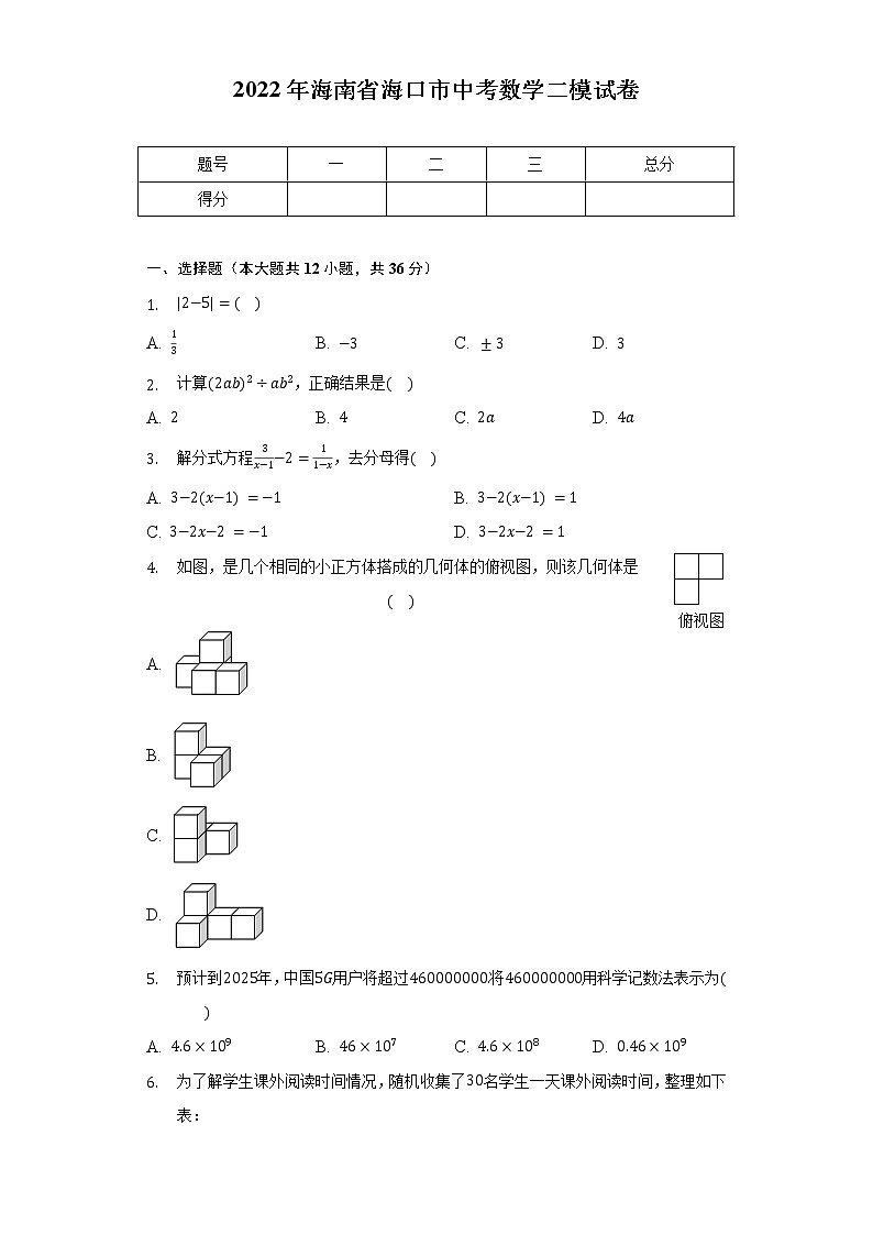 2022年海南省海口市中考数学二模试卷（含解析）01