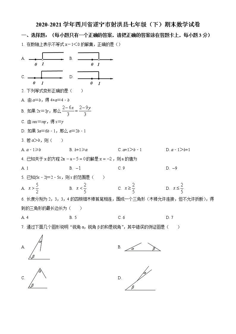2020-2021学年四川省遂宁市射洪县七年级（下）期末数学试卷及答案01