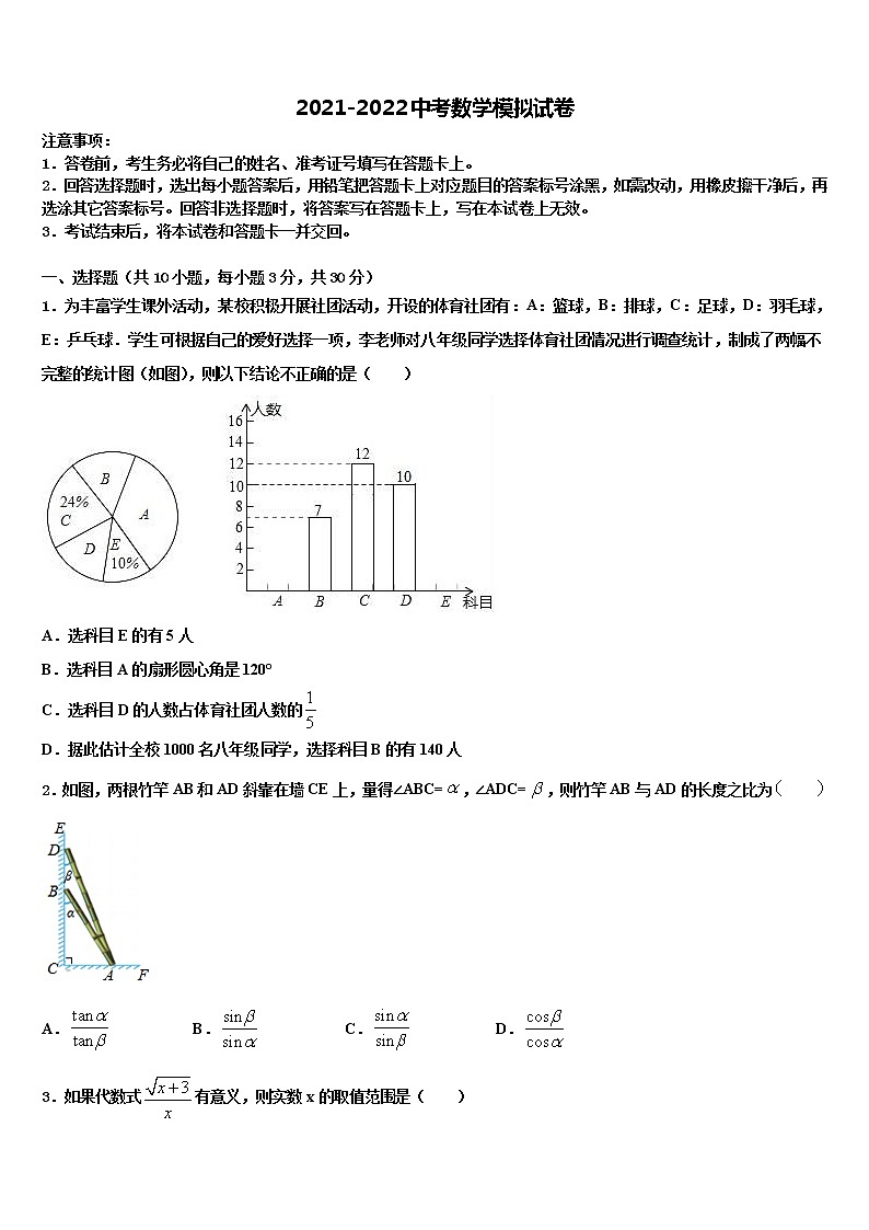 2021-2022学年甘肃省白银市白银区重点中学中考联考数学试卷含解析01