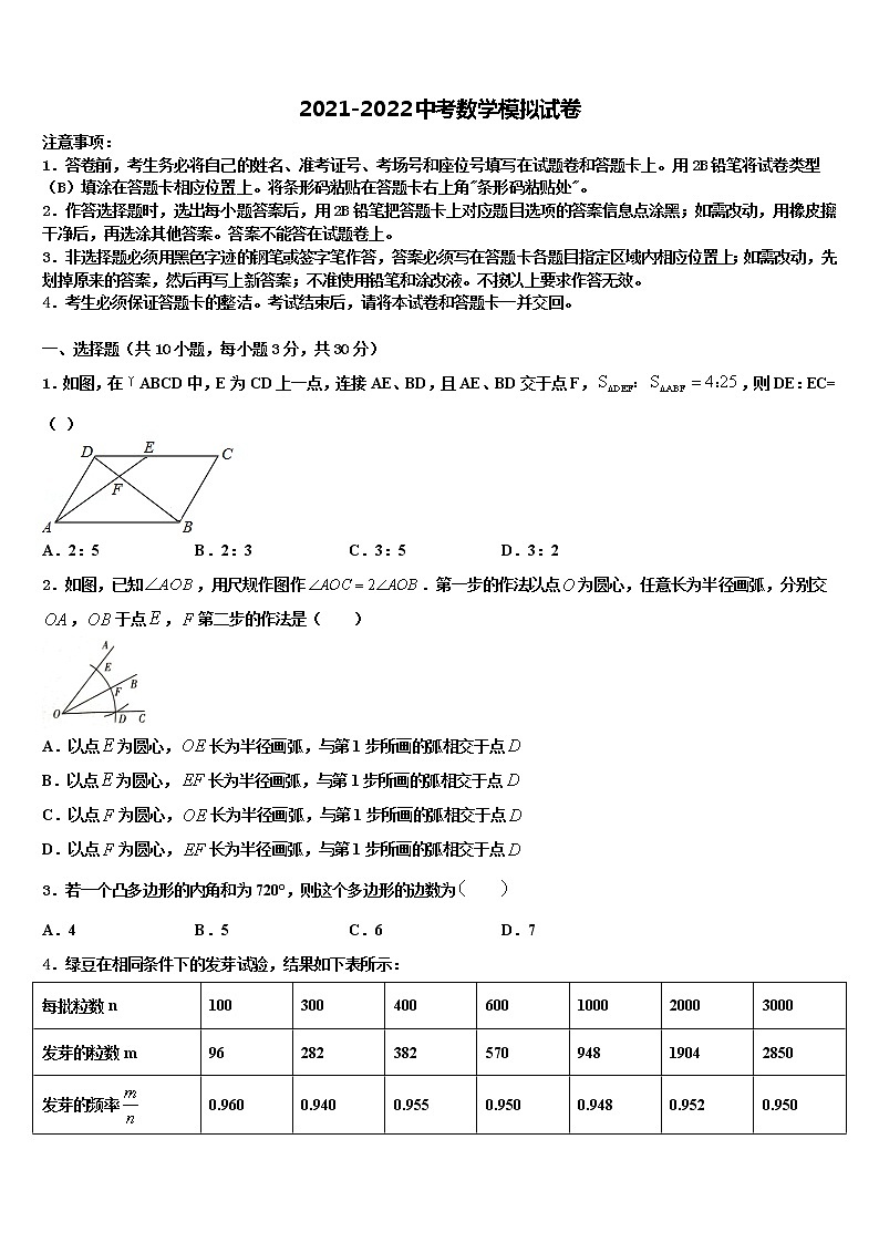 2021-2022学年安徽省黄山市～重点达标名校中考联考数学试题含解析01