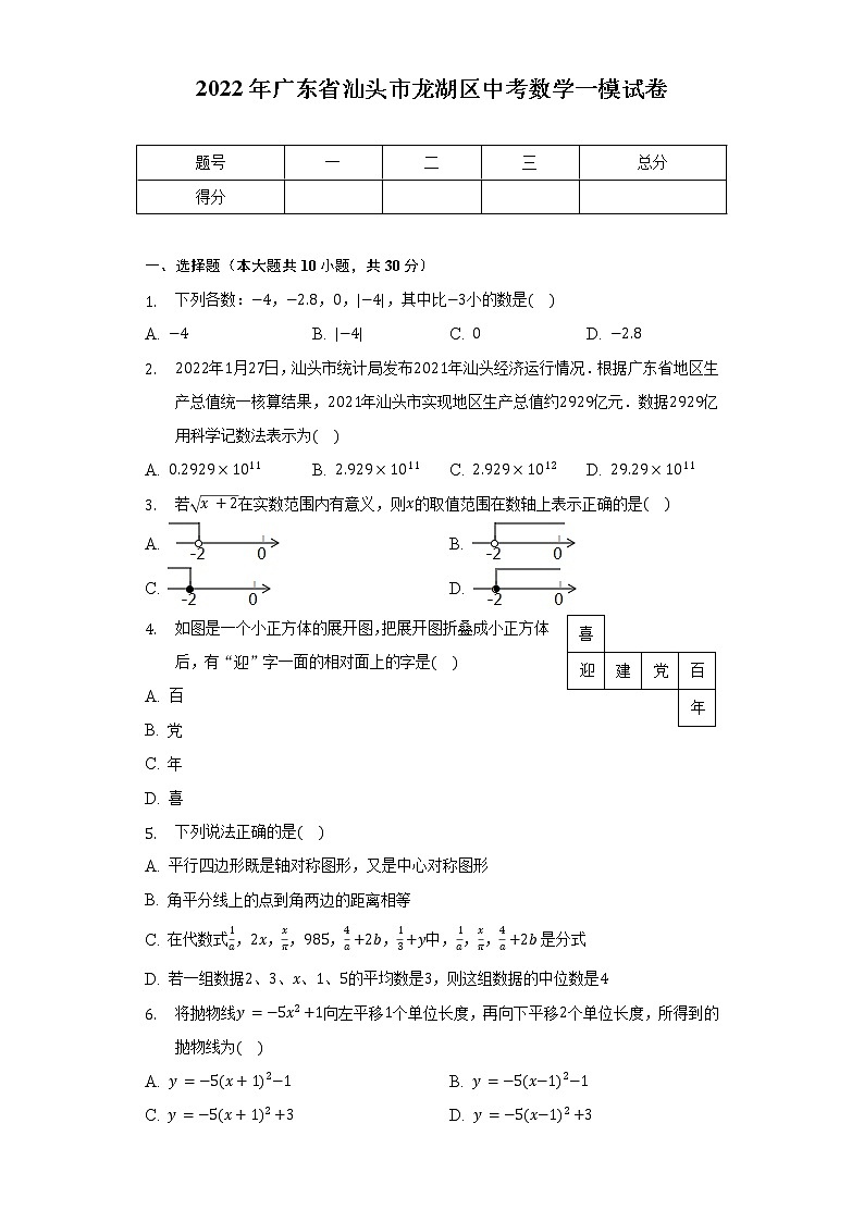 2022年广东省汕头市龙湖区中考数学一模试卷（含解析）01