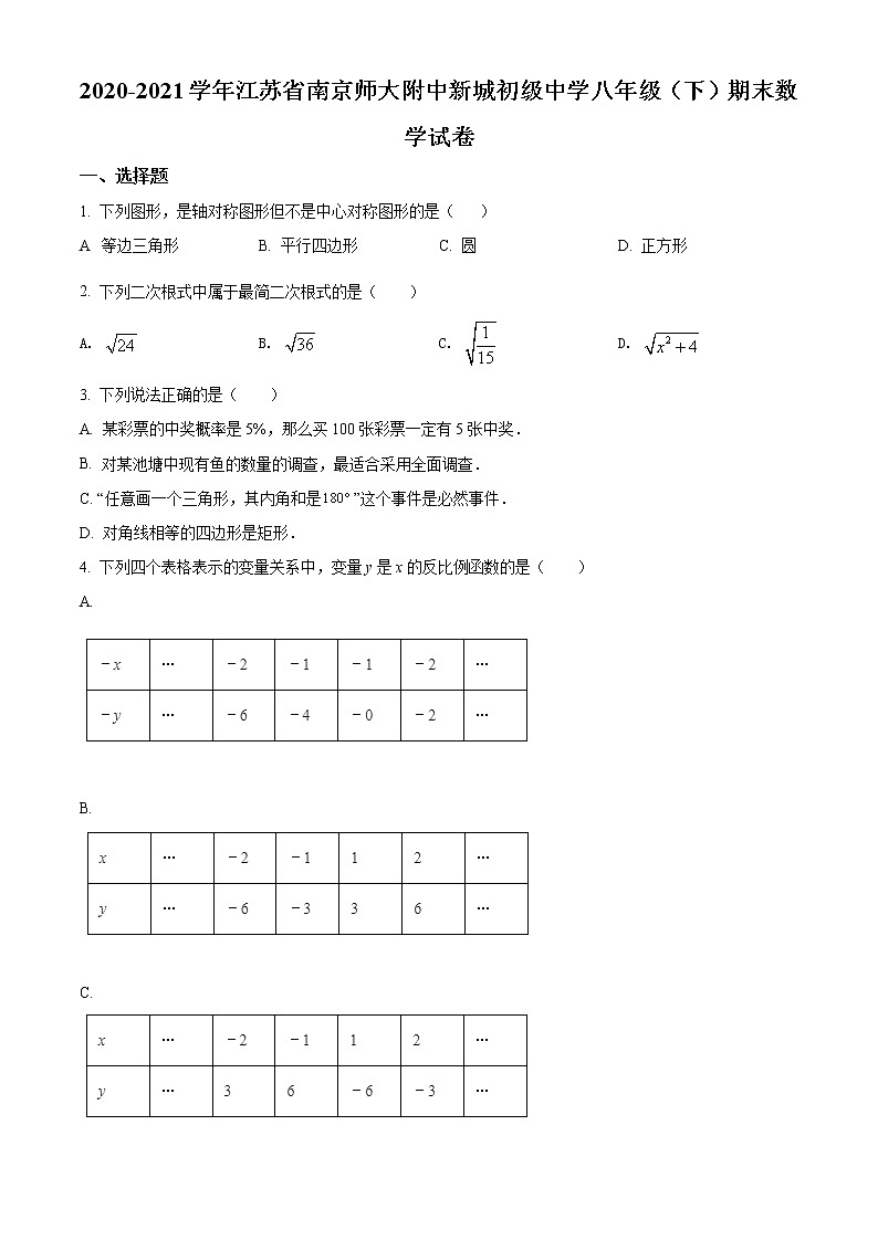 江苏省南京师范大学附属中学新城初级中学2020-2021学年八年级下学期期末数学试题（试卷）第1页