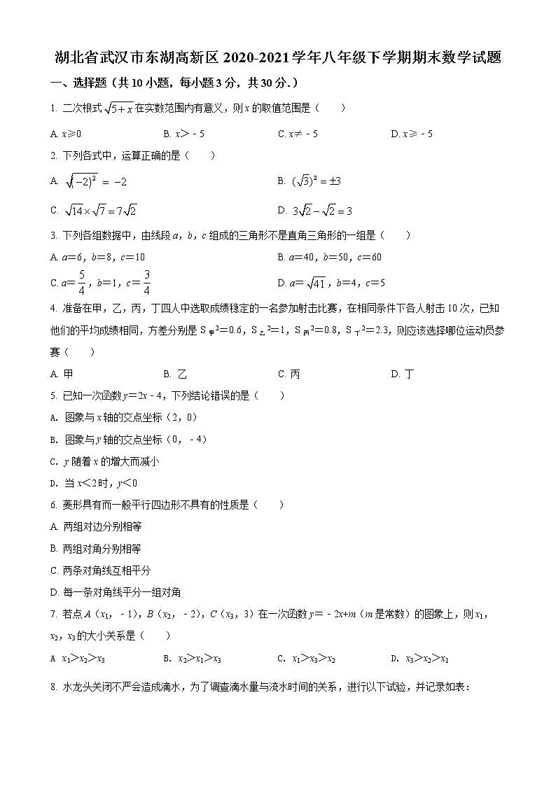 湖北省武汉市东湖高新区2020-2021学年八年级下学期期末数学试题（试卷）第1页