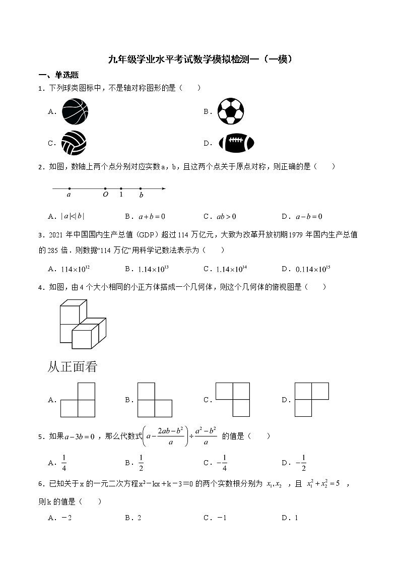 山东省寿光市2022年九年级学业水平考试数学模拟检测一（一模）及答案第1页