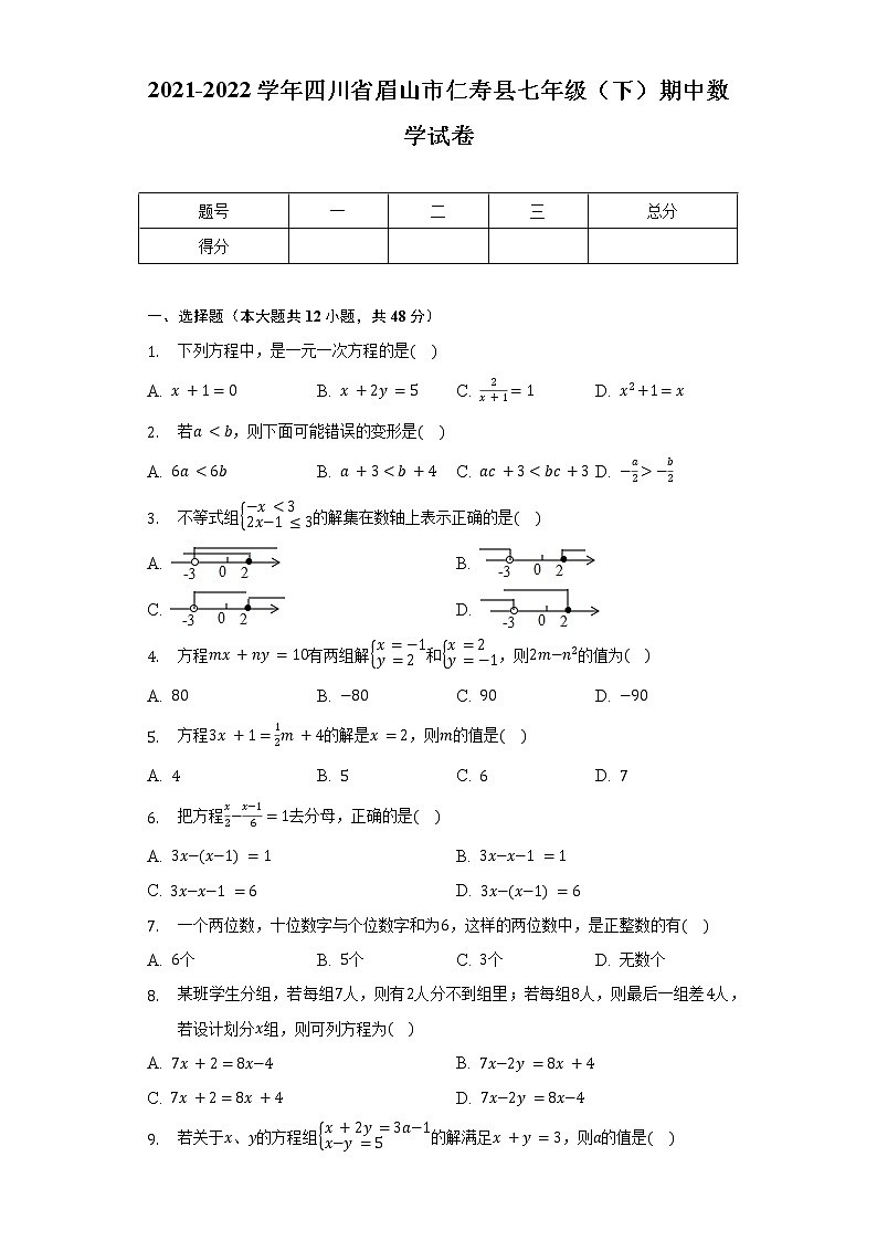 2021-2022学年四川省眉山市仁寿县七年级（下）期中数学试卷（含解析）第1页