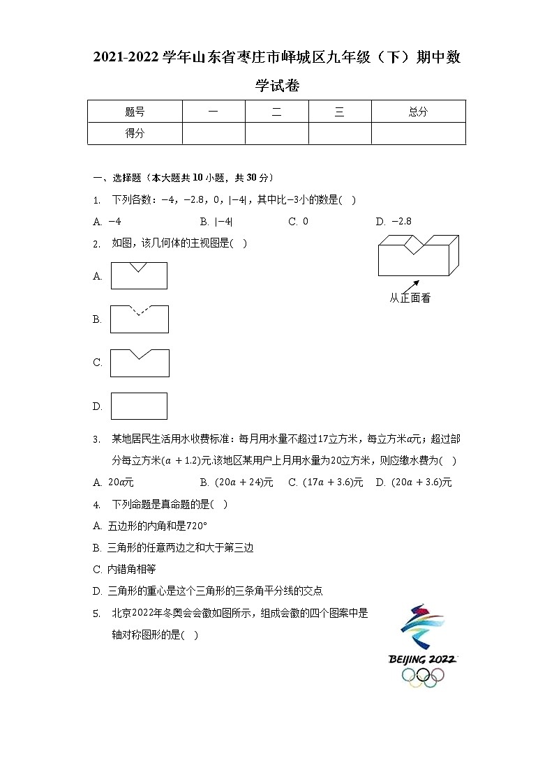 2021-2022学年山东省枣庄市峄城区九年级（下）期中数学试卷（含解析）第1页