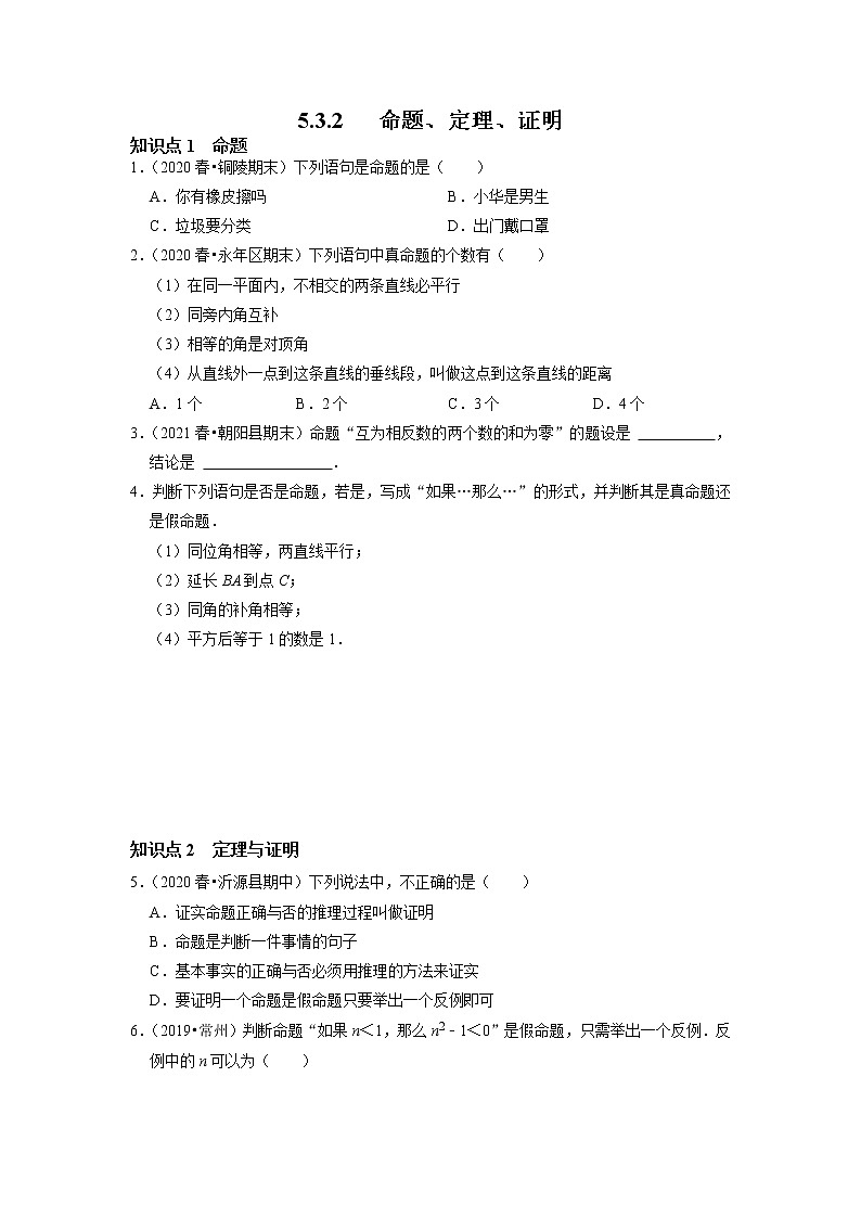 5.3.2   命题、定理、证明 -2021-2022学年七年级数学下册同步练习（人教版）01
