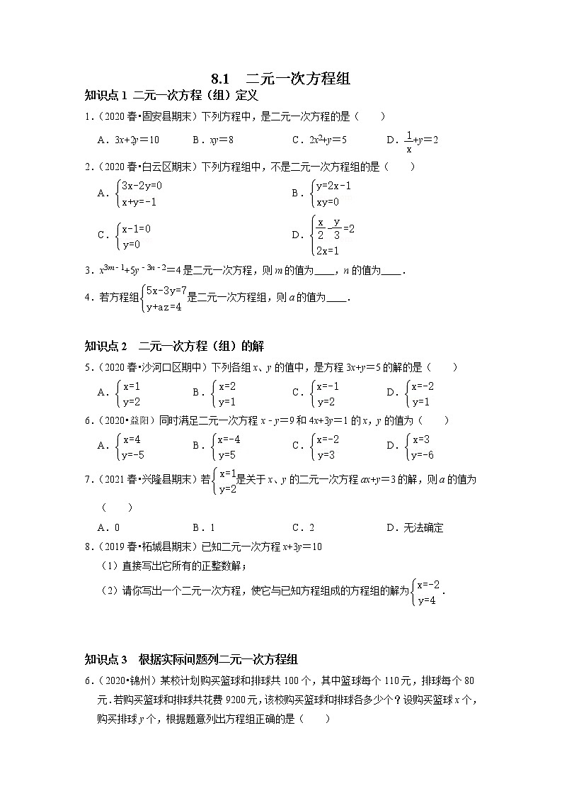 8.1  二元一次方程组-2021-2022学年七年级数学下册同步练习（人教版）01