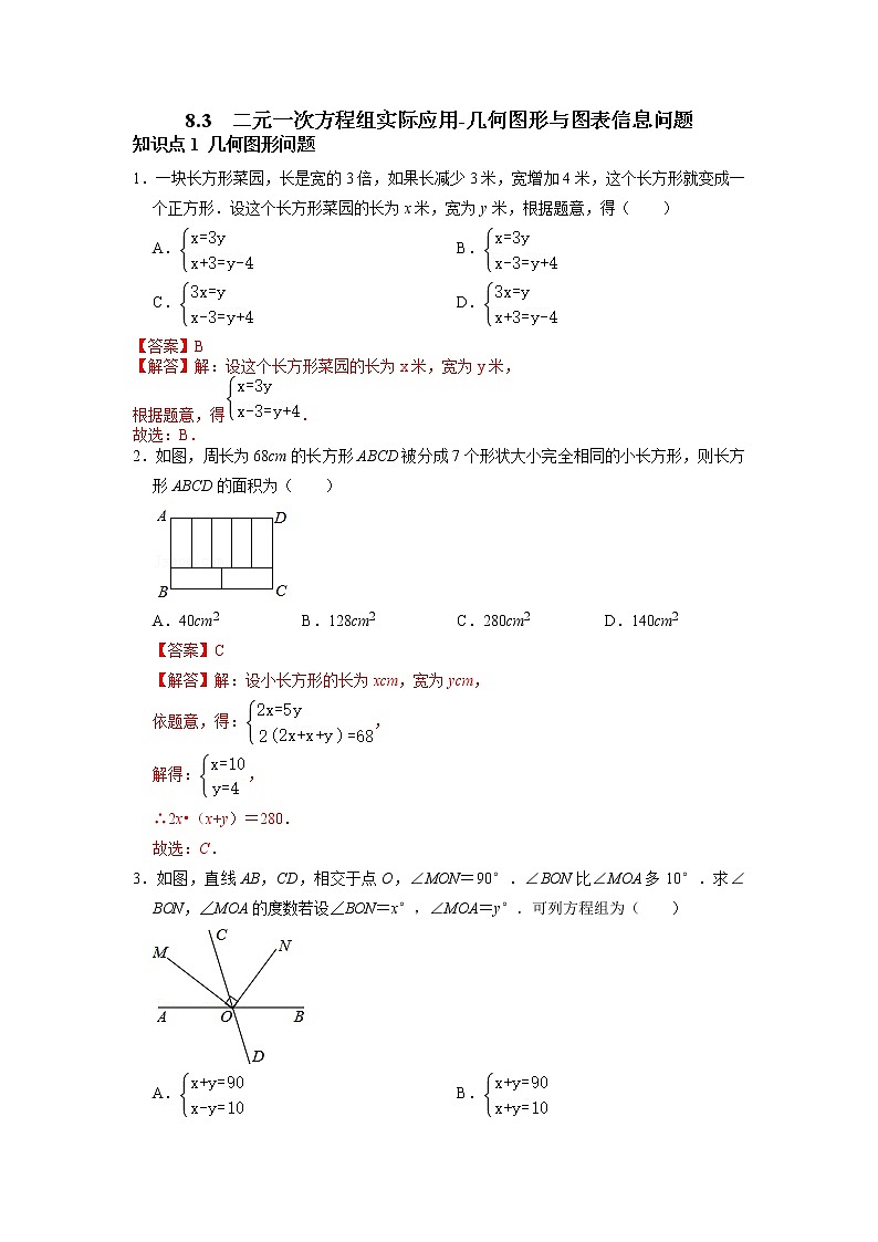 8.3 二元一次方程组实际应用（几何图形与图表信息问题）-2021-2022学年七年级数学下册同步练习（人教版）01