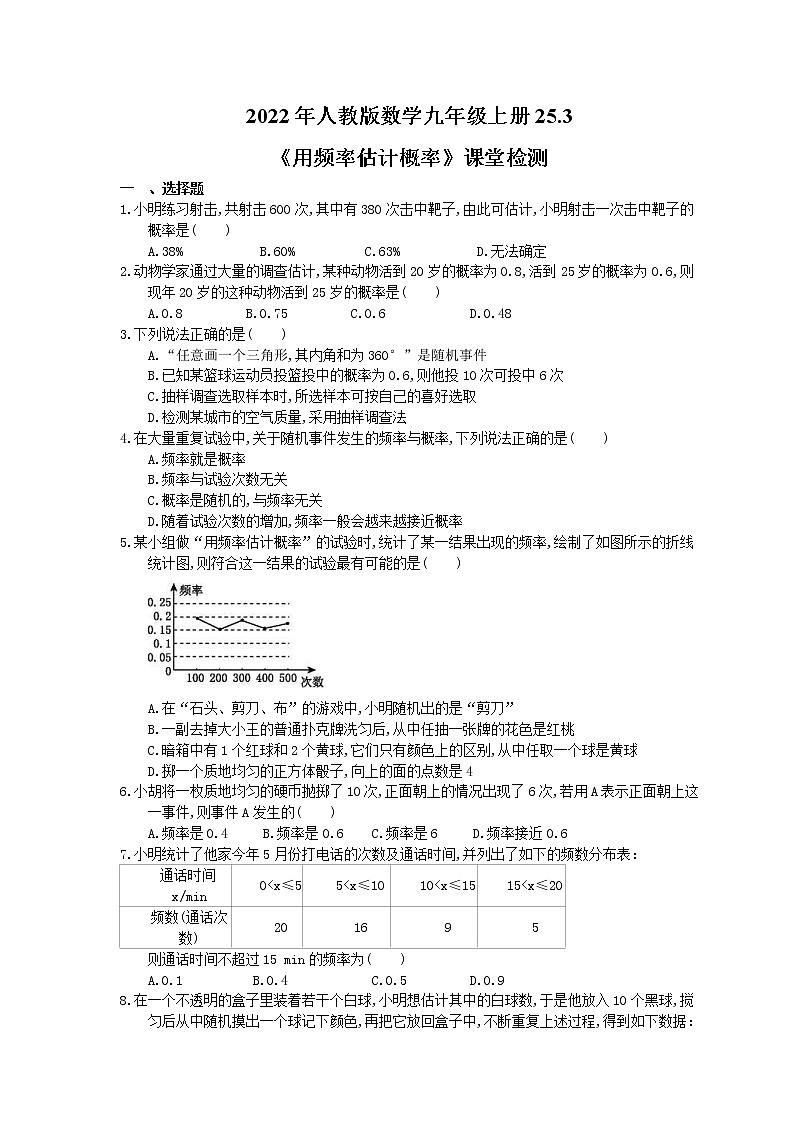 2022年人教版数学九年级上册25.3《用频率估计概率》课堂检测+课后巩固（2份打包，含答案）01