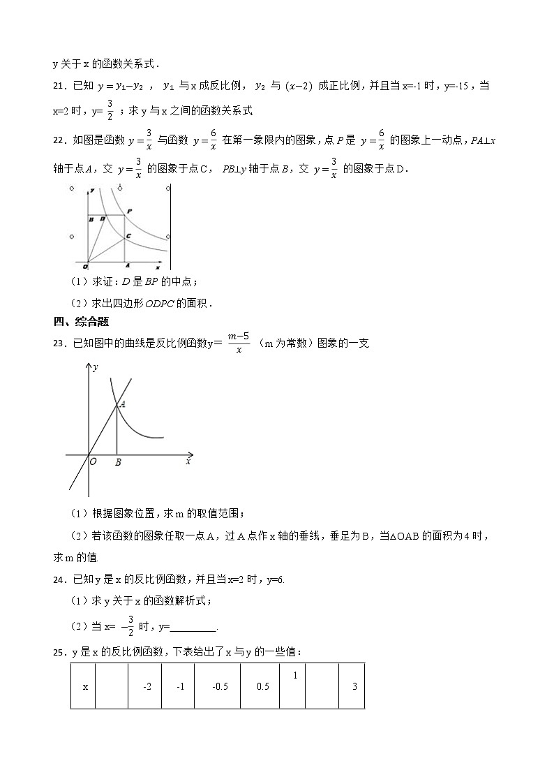 2022年浙教版数学八下期末复习阶梯训练：反比例函数（基础巩固）03
